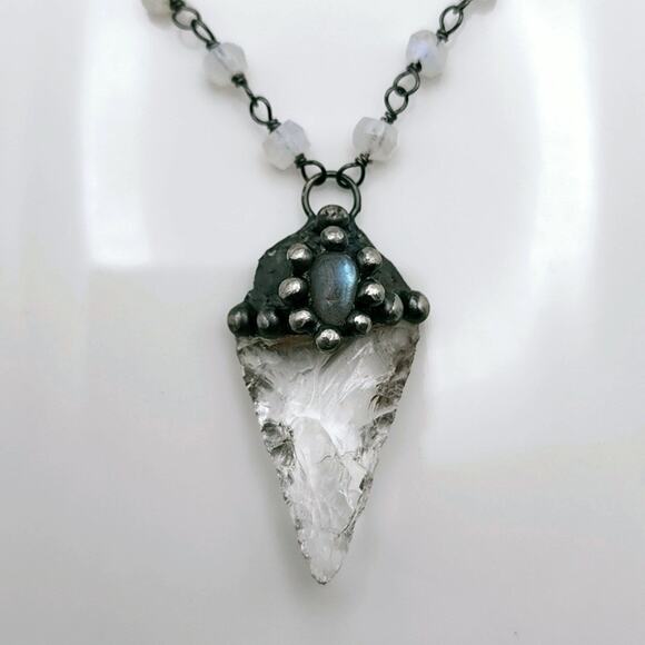 Genuine Labradorite & Quartz Crystal Arrowhead Necklace - Picture 3 of 5